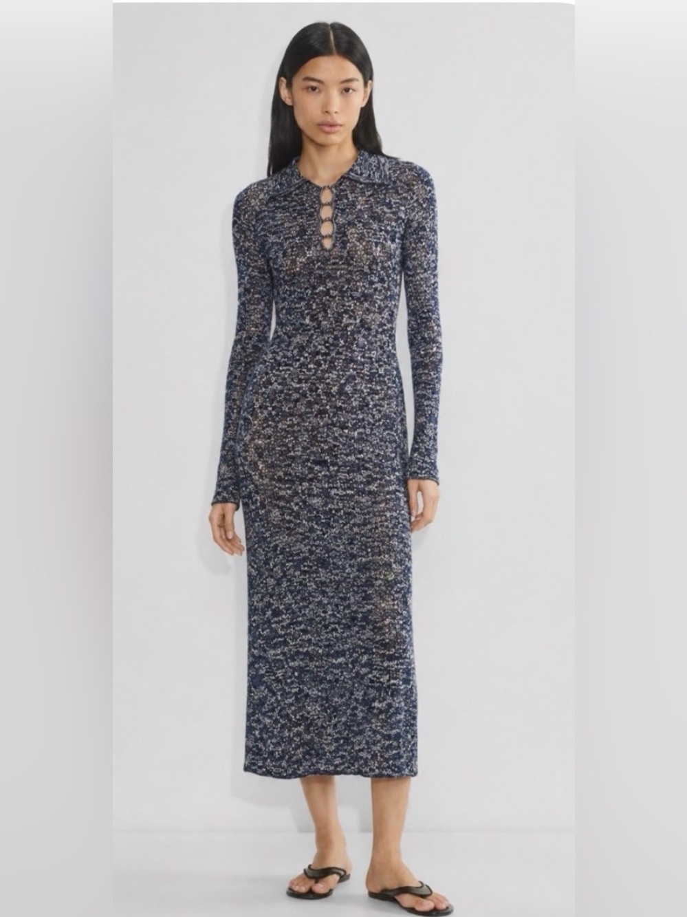 Moussy Open Knit Polo Collar Midi Dress Blue White Size S Quiet Luxury Resort